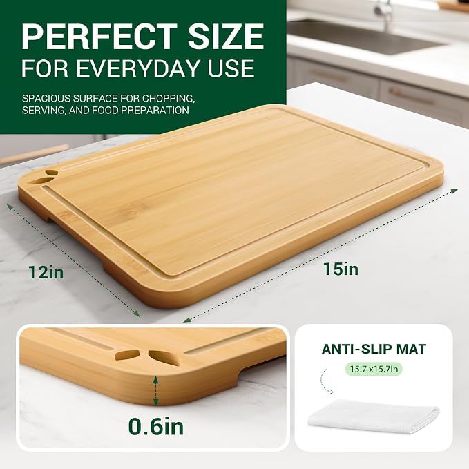 Bamboo Cutting Boards for Kitchen, Wooden Cutting Boards, 15 x 12 inch | Knife-Friendly Chopping Boards with Silicone Mat, Charcuterie Boards with Side Handles and Juice Grooves