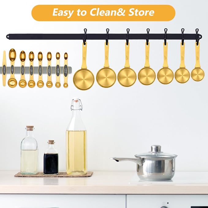 GuDoQi 15pcs Gold Magnetic Measuring Spoons and Cups Set, Stainless Steel 8 Dual Sided Magnetic Measuring Spoons set with Leveler, 7 Cups, Measurement for Liquid and Dry Ingredients for Kitchen