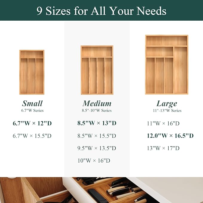 Bamboo Silverware Organizer, Kitchen Drawer Organizer, Utensil Holder, Cutlery Tray & Spoon Flatware Storage with Grooved Drawer Dividers (12''W x 16.5''D)