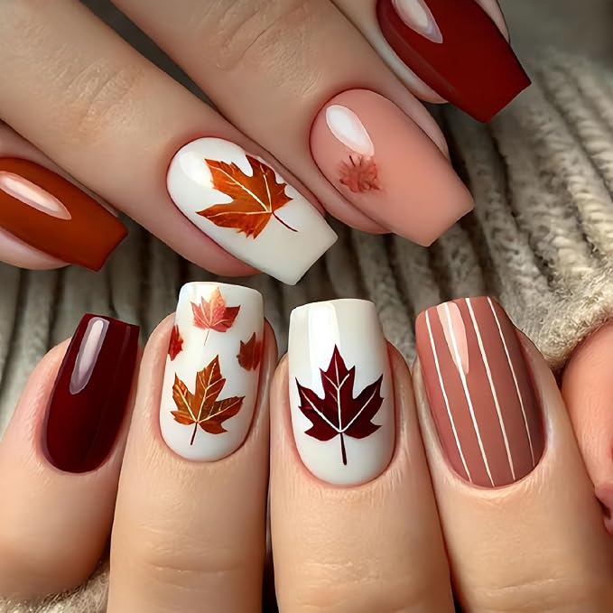 Fall Press on Nails Medium Square Fake Nails with Maple Leaves Designs Nails Press ons Brown False Nails Reusable Stick on Nails for Women 24 Pcs