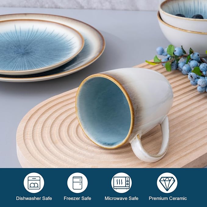 Dinnerware Set Stoneware 16 Pieces Service for 4, Stoneware Plates and Bowls Set Stoneware Set, Dishwasher Microwave Safe Dishes set