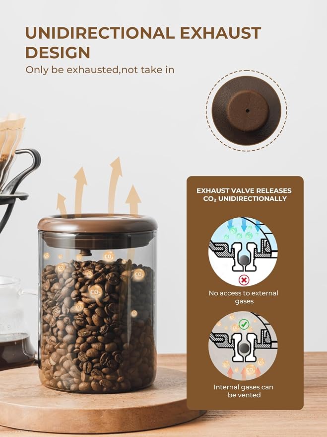 Airtight Coffee Canister, 10 oz Brown Glass Jar with Pop Lid & CO2 Valve | Small-Batch Coffee Storage for Beans, Espresso and Grounds, with One-Touch Access for Daily Brewing at Home or the Office