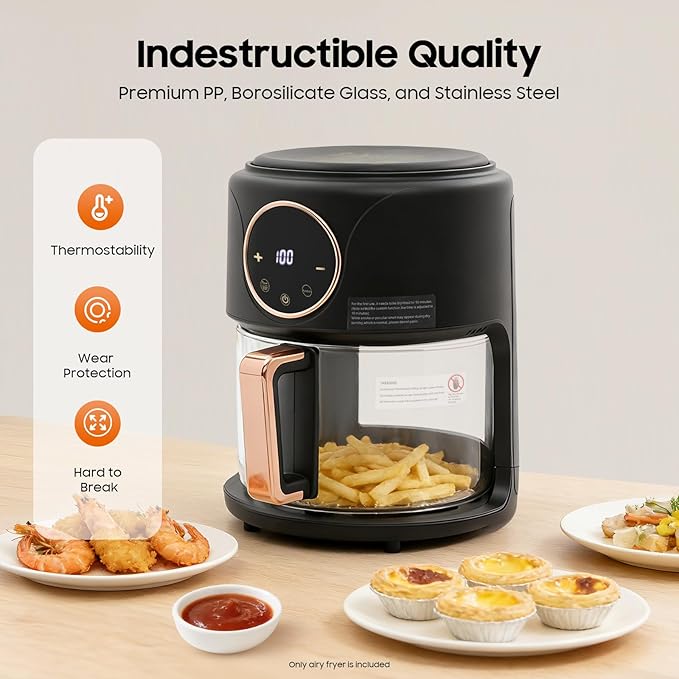 8-in-1 Glass Air Fryer, 4.5Qt Capacity Non Toxic Air Fryer, 360° Viewable Bowl, Touchscreen Display, Precise Temperature(175°F - 400°F), 1200W Oil Cooking Dishwasher Safe Glass Pot - Black