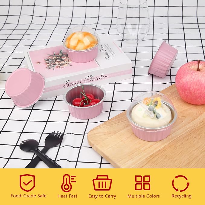 LNYZQUS 5oz Cupcake Pans with Dome Lids 100 Pack, Foil Dot Cake Cups | Mini Cake Tins, Cupcake Containers, Disposable Ramekins, for Baking and Packaging, for Bake Sale, Round Pink