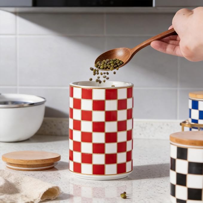 Kitchen Countertop Ceramic Checkered Canisters,Black And White Food Storage Containers With Lid,Airtight Kitchen Canisters for Flour, Sugar, Coffee, Tea, and Dry Goods (Red, Large)