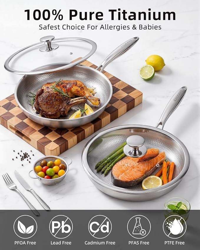 Titanium Pans for Cooking,12 Inch Frying Pan,Nonstick Pan Skillet | Uncoated Hammered Pure Titanium Pro Pan, PFOA/PFAS/PTFE Free Cookware Non-Toxic, Induction & Oven-Safe
