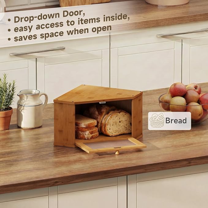 Corner Bread Box For Kitchen Countertop,Bread Storage Bin (Brown, Medium) | Small Bamboo Bread Container,Corner Shelf For Kitchen Decor