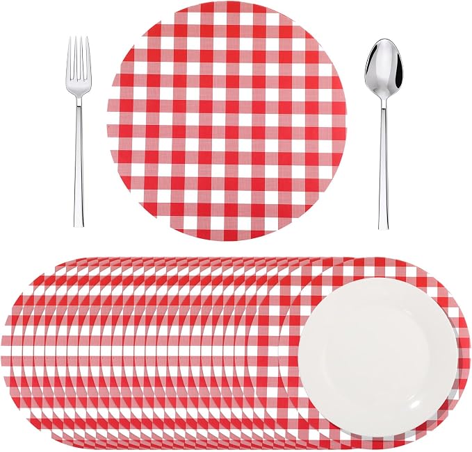 Funnymoom 60 Pcs Red and White Gingham Disposable Paper Placemats Round Table Place Mat Summer Checkered Decorative Paper for Baby Shower Wedding Birthday Party Dinner Table Decor