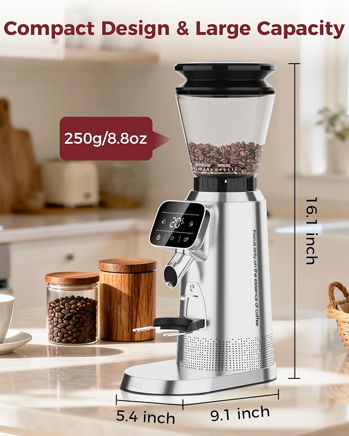 Tuni G2 Conical Burr Coffee Grinder, 70 Grind Settings, Stainless Steel | Electronic Anti-static Burr Grinder with Precision Timer LED Touchscreen for Espresso/Drip/Cold Brew/French Press, Silver