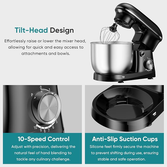 OLIXIS 6.3 Qt Stand Mixer, 10-Speed Tilt-Head Electric Mixer for Baking | Include dough hook, whisk, flat beater & splash lid. 10 speeds handle cakes, cookies & bread dough. Compact, easy-clean bowl