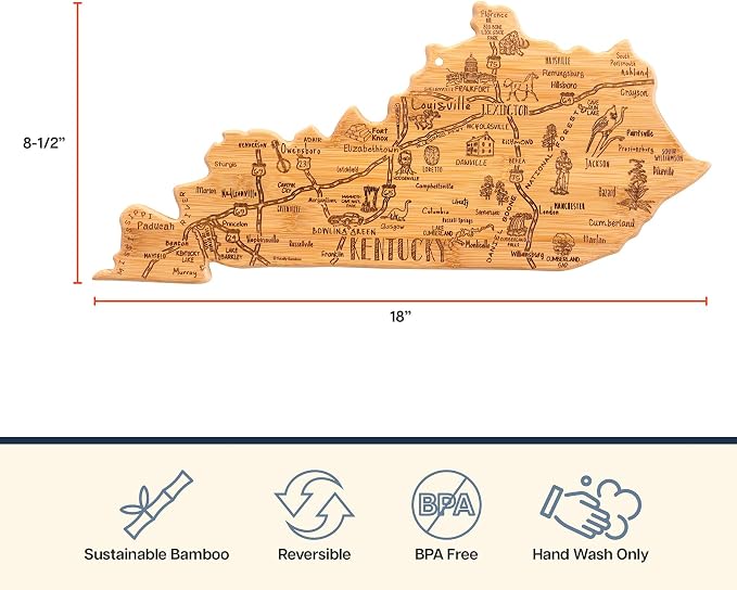Totally Bamboo Destination Kentucky State Shaped Cutting Board | State charcuterie serving board with engraved map artwork. Smooth reverse side for food prep. Hang tie for wall display.