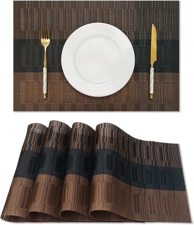 HeloHo Brown Black Placemats Set of 4 Washable Place Mats Vinyl Woven Table Mats Wipeable Placemat for Kitchen Dining Table Decoration Indoor Outdoor