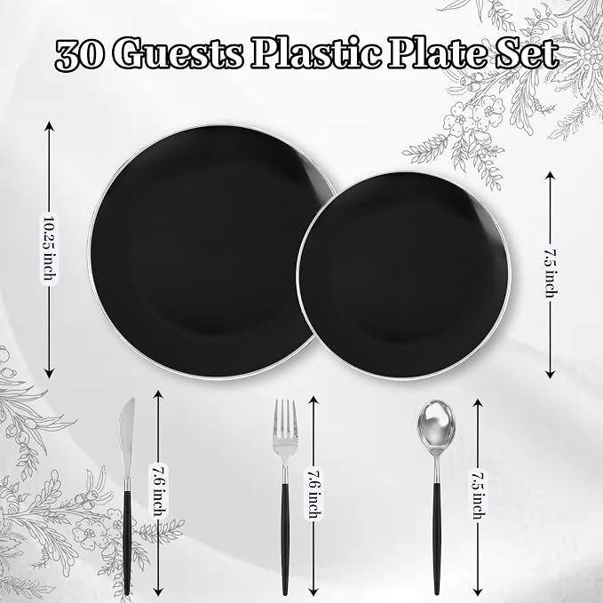 DaYammi 30 Guests Black Plastic Plates with Disposable Silverware,Silver Cutlery with Black Handle,Silver Disposable Dinnerware:60 Dinner/Dessert Plates,90 Plastic Silverware Set for Party Wedding