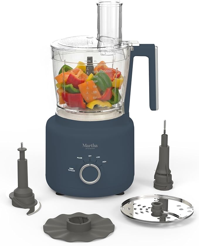 Martha Stewart 10 Cup Food Processor & Electric Chopper, One Touch Pulse | BPA-Free Bowl, 3 Multipurpose Blades, Easy Food Prep, Chop, Slice, Shred, Puree, Emulsify, Speed Dial, Wide Feed Chute, Navy