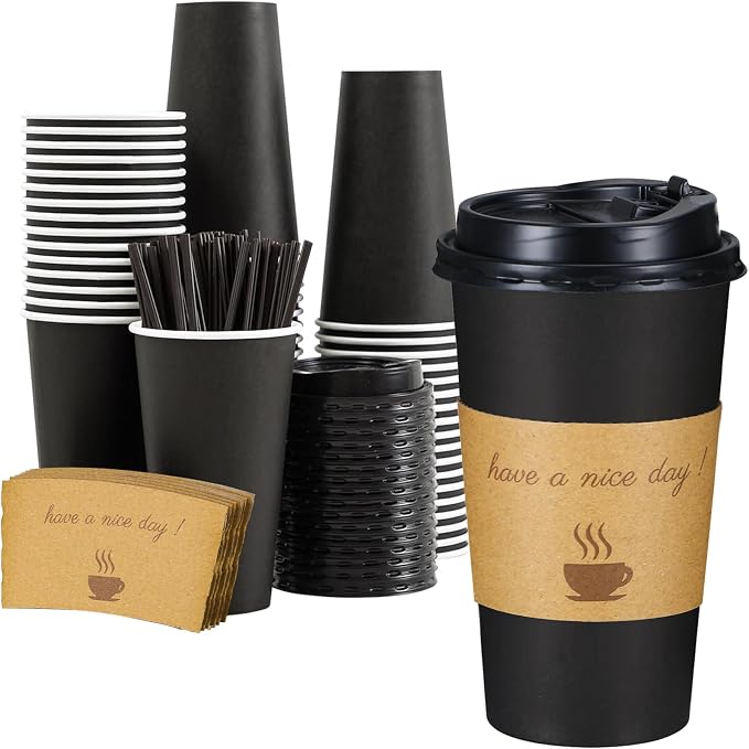 Lamosi 20 oz Coffee Cups 50 Pack, Disposable To Go Paper Cups with Lid | Hot Insulated Cups with Lids, Stir Sticks and Sleeves for Cold Drinks, Tea and Latte, Cafe, Travel and Home Use