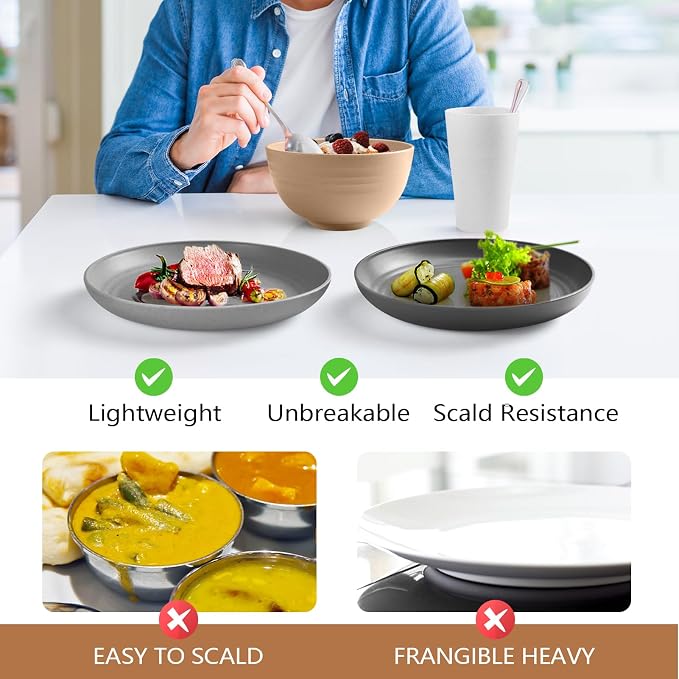 Teivio 32-Piece Plates and Bowls Sets for 8, Vintage Kitche Dinnerware Set | 13.5oz Cups, Rustic Life/Country plate set,Plastic Unbreakable Dish Set, Dishwasher, for Outdoor Camping RV Essentials