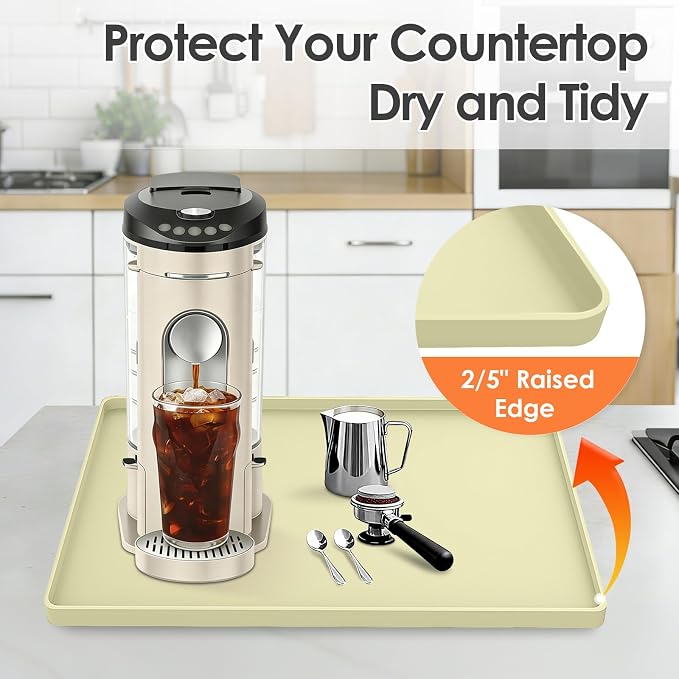Silicone Coffee Maker Mat with Lip for Countertops 15.7''x11.8'' Sage Green | Multi leak-proof coffee tray for countertop, non-slip silicone mat fits most coffee makers & espresso machines, wipe-clean