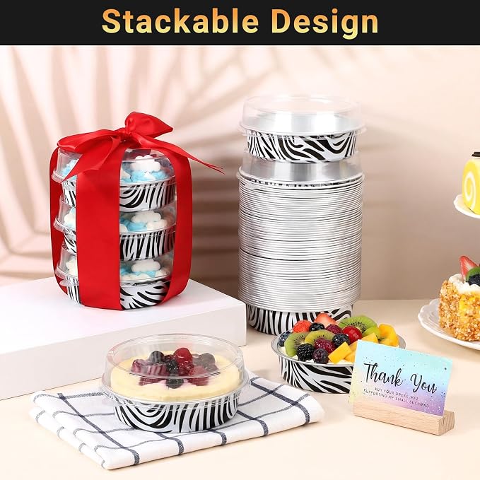 Beasea Mini Tart Pans with Lids 50 Pack, 4" 7.3oz Disposable Aluminum Foil Baking Tins Cups Round Pie Container for Individual Cupcake Dessert Muffin Cheesecake Quiche - Zebra Stripes