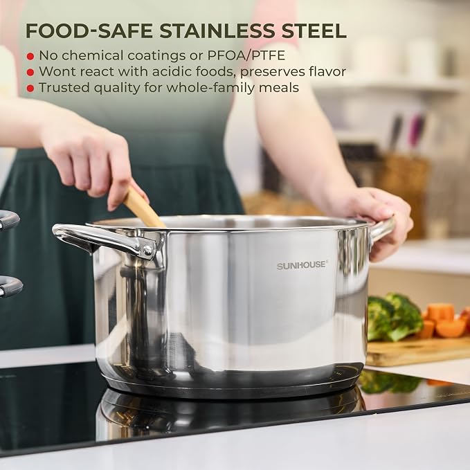 SUNHOUSE 8 Quart Stock Pot with Lid, Stainless Steel Large Pot for Cooking | 8QT Pots for Pasta, Soup - Stockpot for Canning with Impact Bonded Base - Oven Safe & Induction Compatible