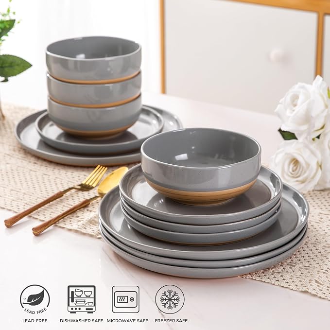 AmorArc Dinnerware Sets for 8, 24 Pieces Ceramic Plates and Bowls Set | Scratch Resistant Stoneware Dishes Set, Dishwasher & Microwave Safe,Gray