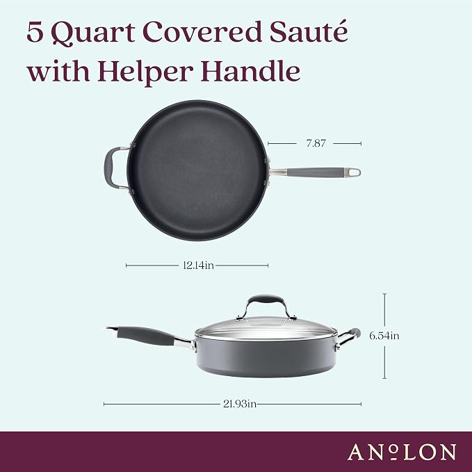 Anolon Advanced Home Hard-Anodized Nonstick 5 Qt Saute Pan with Lid and Helper Handle, Deep Frying Pan, Moonstone