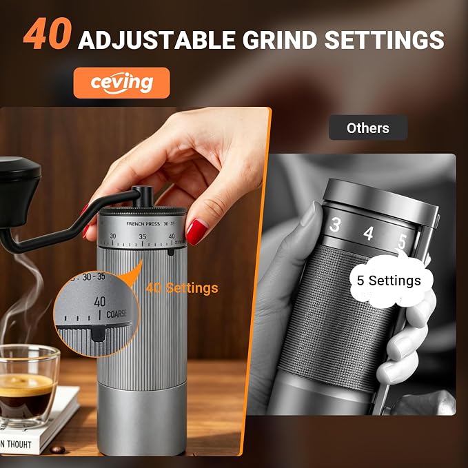 CEVING Mini Manual Coffee Grinder With 40 Adjustable Settings, Silver | Portable Hand Coffee Bean Mill with Stainless Steel Burrs, 30g Capacity, Ideal for Travel, Camping, French Press, Pour Over