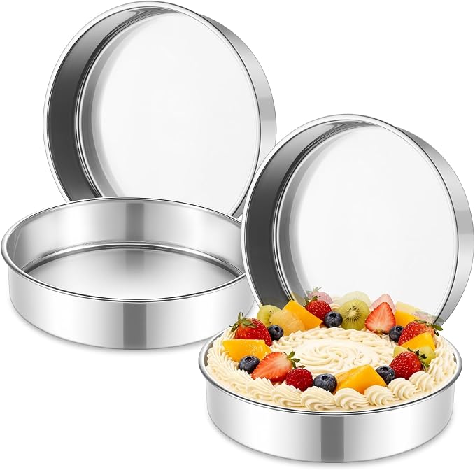 P&P CHEF 9 Inch Cake Pan Set of 4, Stainless Steel Round Cake Baking Pan | Layer Cake Tin Bakeware for Cooking Steaming, Ideal for Birthday Wedding Anniversary, Fit for Home & Commercial Use