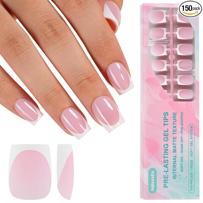 Misssix French Tip Press on Nails, 150Pcs Short Square Fake Nails Pink | French Tip Gel Nail Tips, No Need to File Tips Pre-lasting, Fake Nails for Nail Art DIY 15 Sizes
