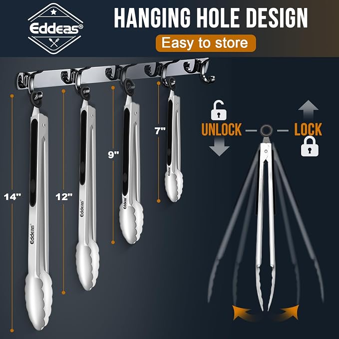 EDDEAS Grill Tongs - BBQ Tongs Heat Resistant 600 Degrees, Heavy Duty Metal, Perfect for Cooking, Grilling, Set of 4, 7",9",12" & 14 inch Black