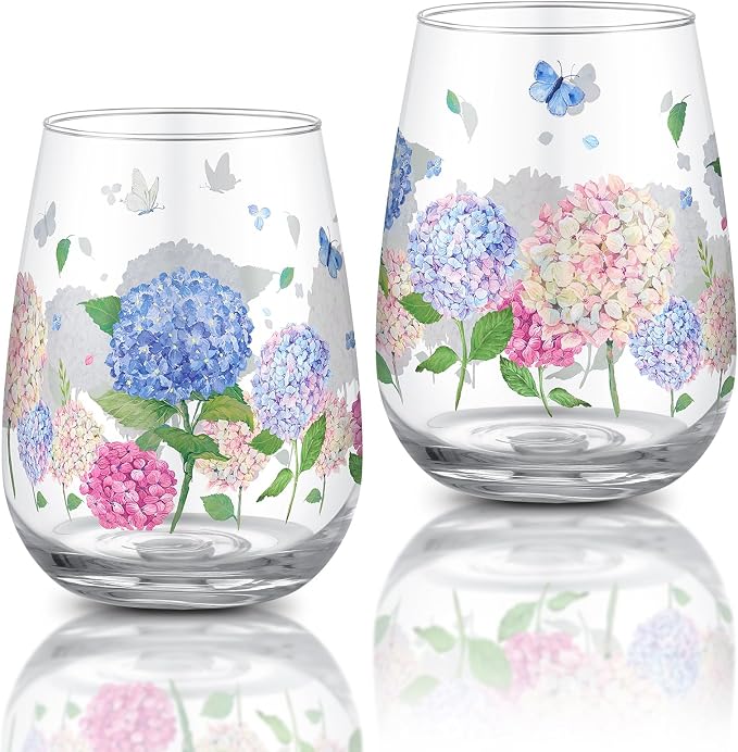 2 Pcs Floral Stemless Wine Glasses, Blue Hydrangea 17oz | Flower Butterfly Tumbler Cups Gifts, Summer Drinking Cups Glasses, for Women Men Party Supplies Kitchen Decorations