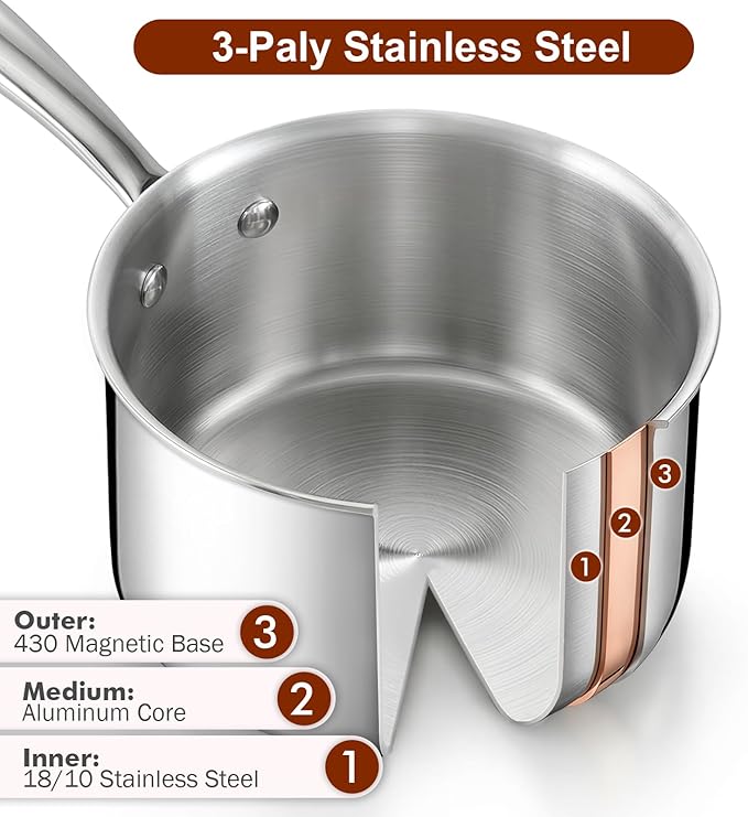 Cook N Home Classic 1.5 Quart Stainless Steel Saucepan with Glass Lid | Fully Tri-Ply Clad Small Sauce Pan, Stay-Cool Riveted Handle, Versatile for All Cooktops, Dishwasher & Oven Safe