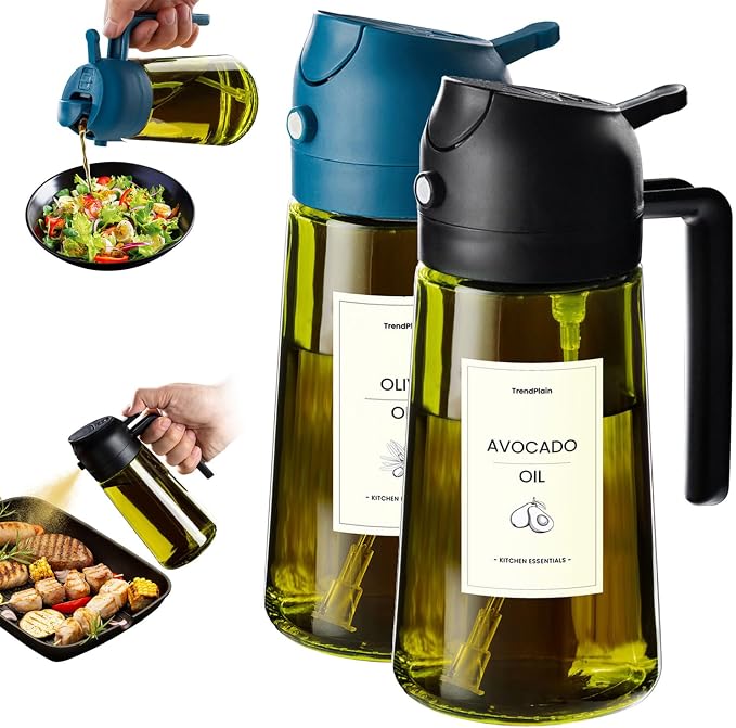 TrendPlain - Original 16oz/470ml Olive Oil Dispenser Bottle for Kitchen Gadgets and Air Fryer Accessories - Olive Oil Sprayer for Cooking w/Stickers - Black&Navy