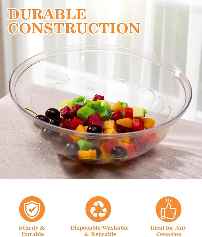 BESTVIP 150 Oz Clear Plastic Serving Bowls, 4 Pack | 11.6-Inch Disposable & Reusable Bowls for Salad, Snacks, Chips & Candy, Stackable for Parties, Holidays & Meal Prep