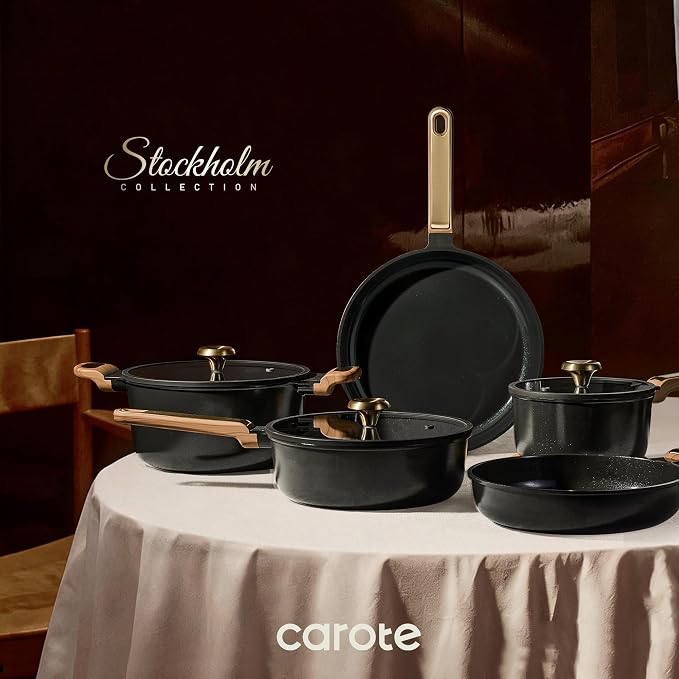 CAROTE Ceramic Cookware Sets, Pots and Pans Set, 16pcs | Non-Toxic Induction Cooking Set with Silicone Lids, Dishwasher Safe, Space Saving, Stay-Cool Handle, PFAS FREE