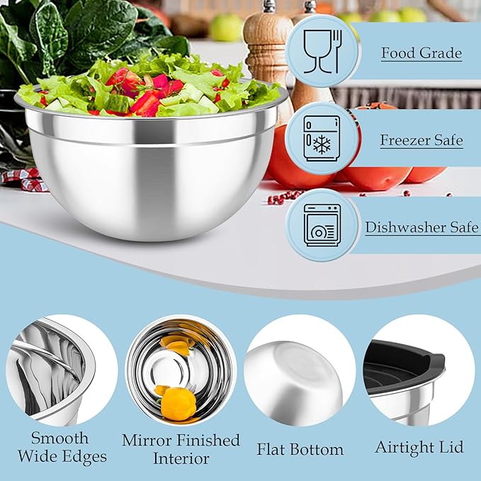 TeamFar Mixing Bowls, Stainless Steel Nesting Salad Bowls Set | Mixing Bowls with Lids & 3 Grater Attachments, For Mixing/Serving/Storing, Non-toxic & Long-lasting, 4.6/3/1.5 QT, Black