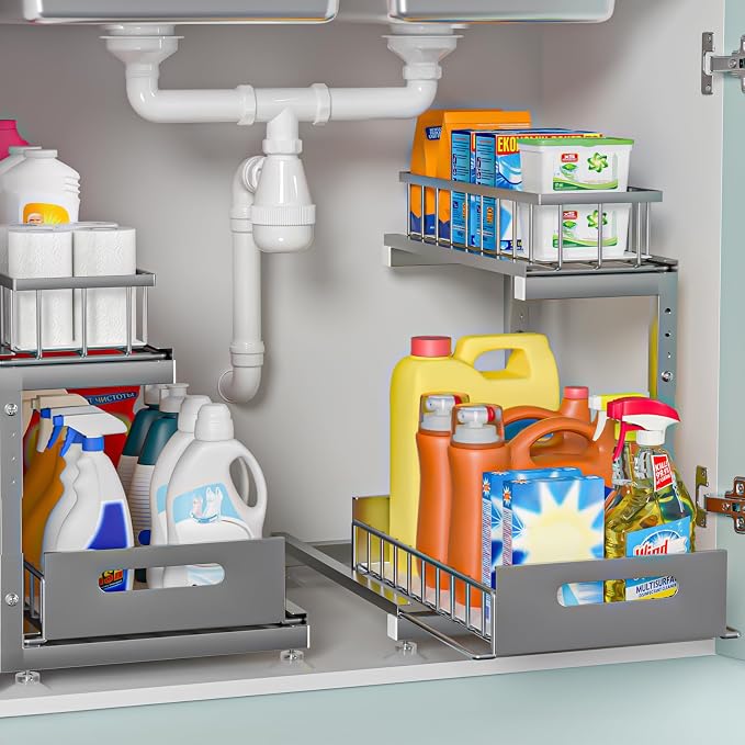 2-Pack L-Shaped Under Sink Organizer, 2-Tier Pull-out Cabinet Rack | Grey Height-Adjustable Metal Rack, Sliding Grid Drawers with Safety Stopper, Holds 100 Lbs, Ideal Kitchen Cabinet Storage