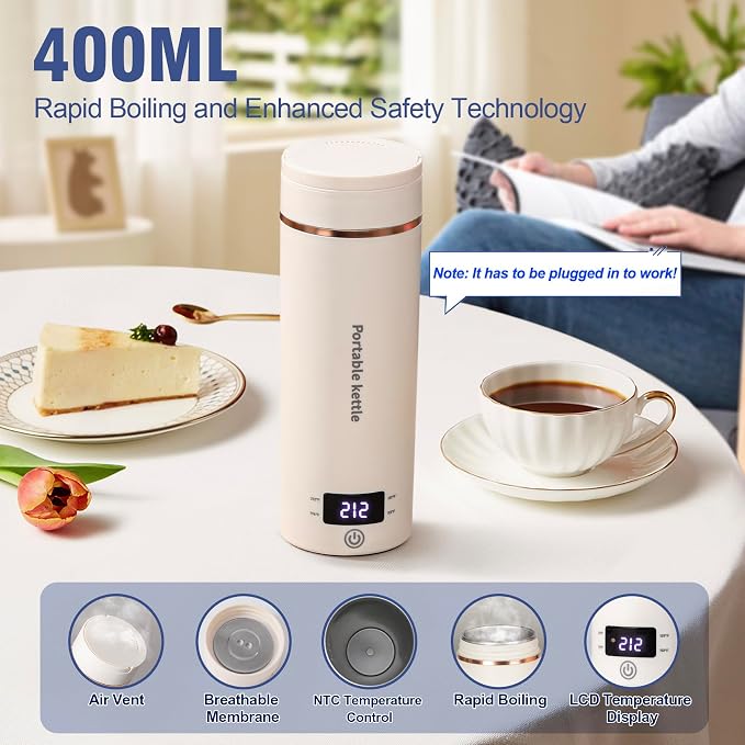 Touxila Portable Electric Kettle for Travel 120V, 13.5oz, 4 Temp Settings | 304 Stainless Steel Lining,Fast Boiling Water,Auto Shut-Off,Boil Dry Protection,Small Kettle for Office & Hotel(Beige, 400ML)