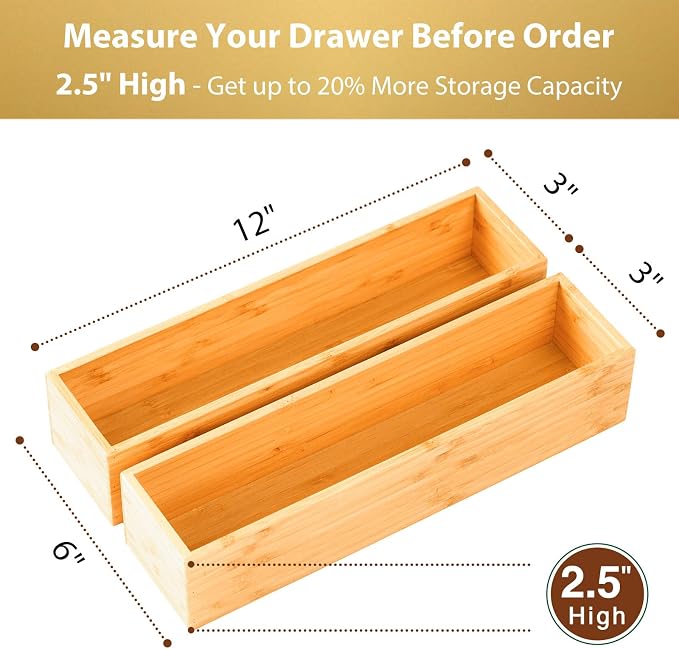 Bamboo Kitchen Drawer Organizer, Extra High Silverware Tray, Flatware Cutlery Storage Box, Multi-Use Holder in Office, Bathroom, Pantry - 12"x3"x2.5" (Set of 2)