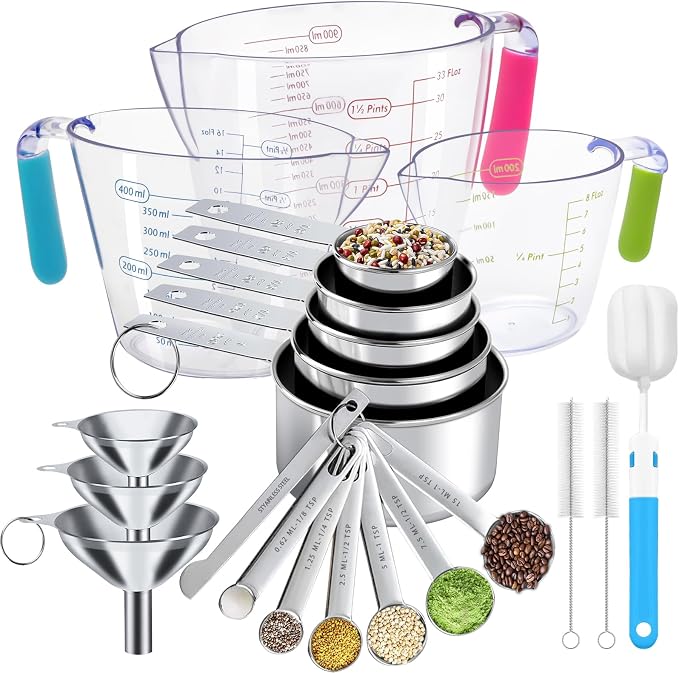 Measuring Cups and Spoons Set 21 Piece, 11 Stainless Steel Nesting Measuring Spoons and Cups with 3 Plastic Measuring Cup, 3 Funnel, 3 Brush, 1 Ruler, Measuring Cup Set for Kitchen Baking Liquid Dry