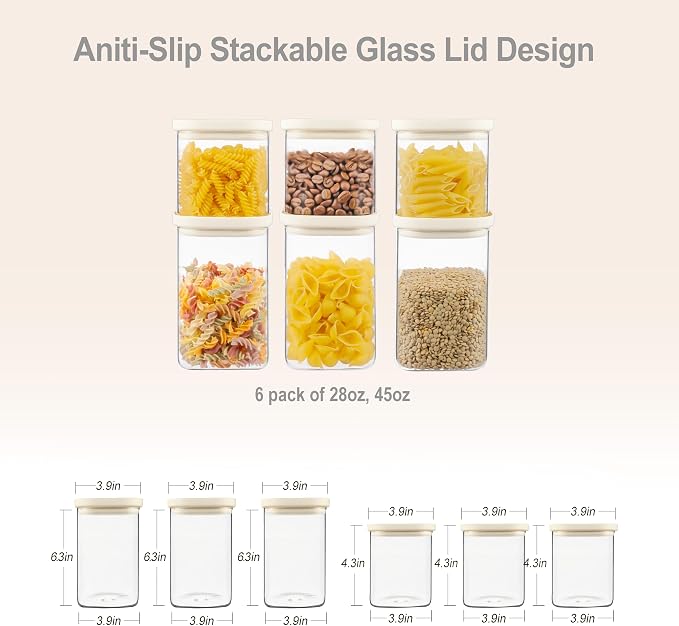 Glass Food Storage Jar with Glass Lid in Square Shape, Food Canister Set with Airtight Lids, Pantry Jars for Kitchen Organization, Food Storage Containers in Set of 6