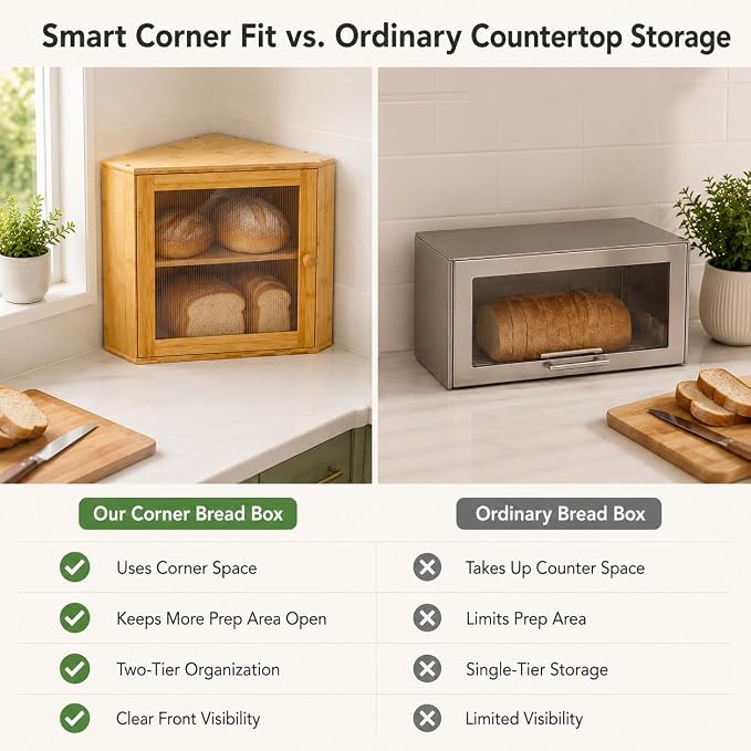 BAMBANG Corner Bread Box for Kitchen Countertop, Large Capacity Bamboo Wood Bread Storage Container, 2 Tier Farmhouse Breadbox with Fluted Acrylic Door for Bread, Homemade Bread and Snacks, Natural