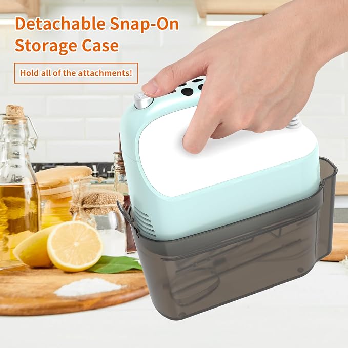 Yomelo 9-Speed Digital Hand Mixer Electric, 400W Powerful DC Motor, Hand Mixer Electric Handheld with Snap-On Storage Case, 5 Stainless Steel Accessories, Beaters, Dough Hooks, Whisk(Ice Blue/White)