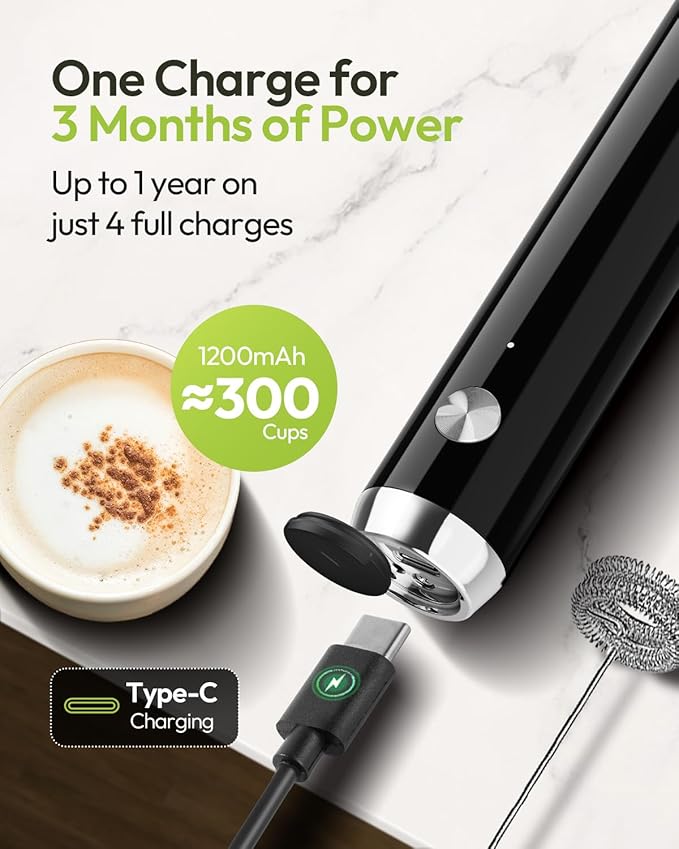 Maestri House LunaFro Rechargeable Milk Frother,Stand & 2 Detachable Whisks | 8000RPM Turbo Motor, 1200mAh lithium battery, Handheld Milk Frother for Lattes, Cappuccino, Matcha & Powdered Supplements