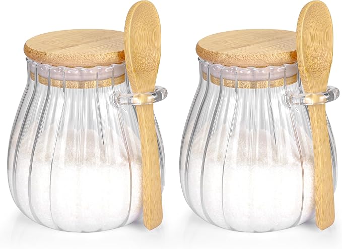 2 Pack Sugar Container with Bamboo Lid and Spoon,15oz Sugar Bowl Glass Jar | Coffee Bar Accessories Coffee Canister Kitchen Decor Housewarming Gift Christmas Refillable Design