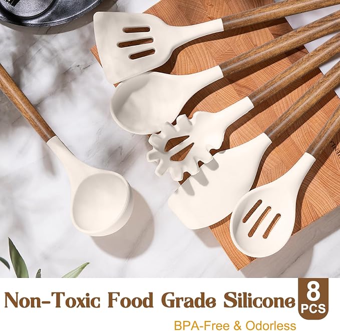 Silicone Cooking Utensil Set,Umite Chef 8-Piece Kitchen Utensils Set with Natural Acacia Wooden Handles, Silicone Kitchen Gadgets and Spatula Set for Nonstick Cookware - Khaki