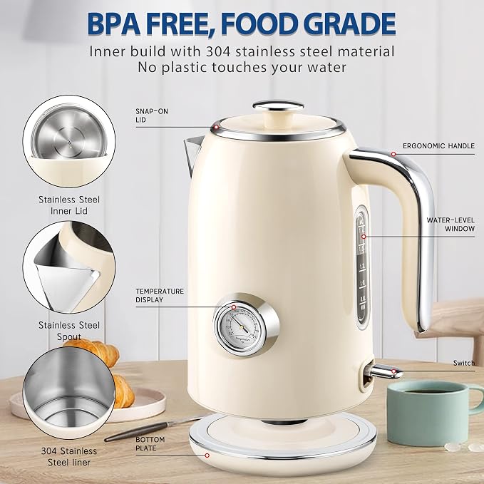 PUKOMC Electric Kettle, 1.7L Stainless Steel Electric tea kettle | Temperature Gauge, Fast Boiling, Auto Shut - off, BPA - Free, Boil - Dry Protection 1500W, LED Light, Easy clean