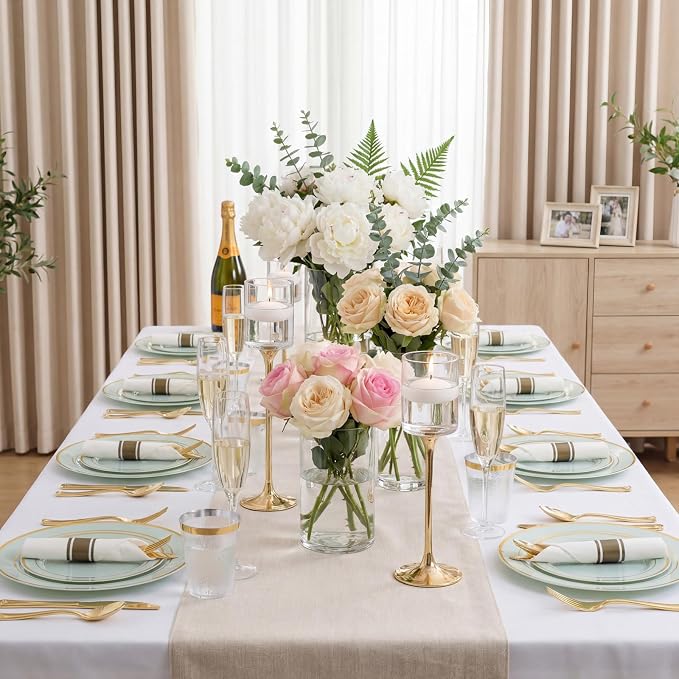 175PCS Sage Green Plastic Plates - Heavy Duty Green Plates Disposable - 25Guests Plastic Dinnerware with Rolled Napkins for Birthday/Baby Shower