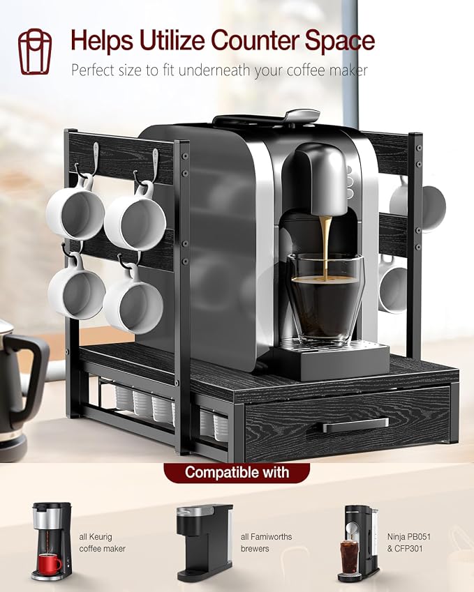Evermagin K Cup Holder for 35 Pods,Coffee Pod Holder Compatible with Keurig | K cup organizer, Coffee Station Organizer for Countertop with 8 Mug Hooks,Easy Assembly, Black