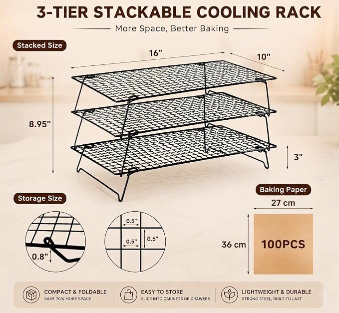 4-Tier Stackable Cooling Rack Set, Heavy Duty Stainless Steel Baking Rack, Oven Safe Wire Rack for Baking & Roasting, Fits Cookie Sheets, Dishwasher Safe