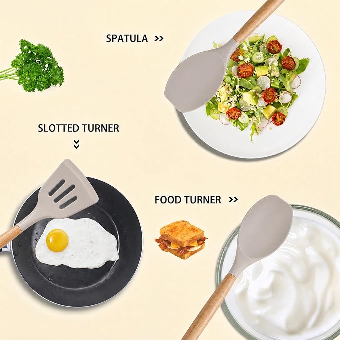 MIBOTE Silicone Cooking Kitchen Utensils Set, Wooden Handle, Khaki | BPA-Free, Non-Toxic Silicone Turner, Tongs, Spatula, Spoon Set – Great for Nonstick Cookware, Heat-Resistant, Easy Clean